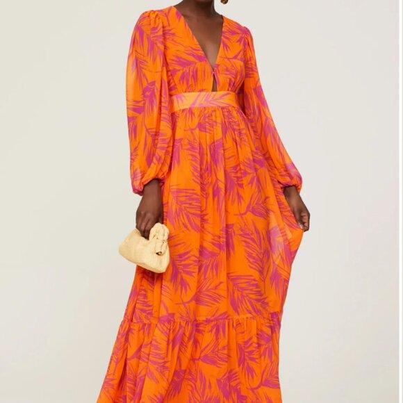 Toccin X RTR Palm Print Maxi Dress in Orange 6 Womens Long Gown - Picture 1 of 5